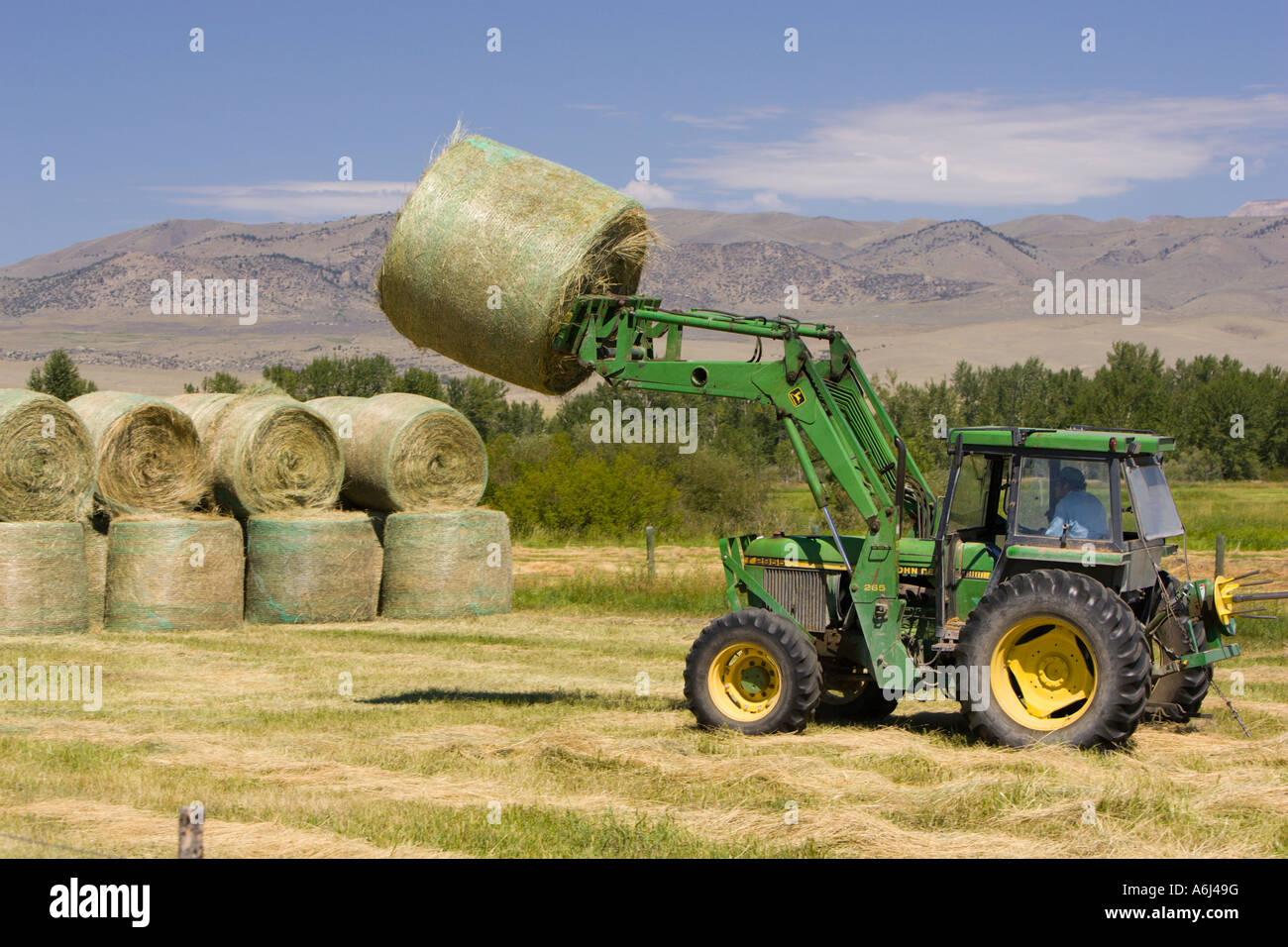 TWIN BRIDGES MONTANA USA Farm tractor moves round bales of hay west of