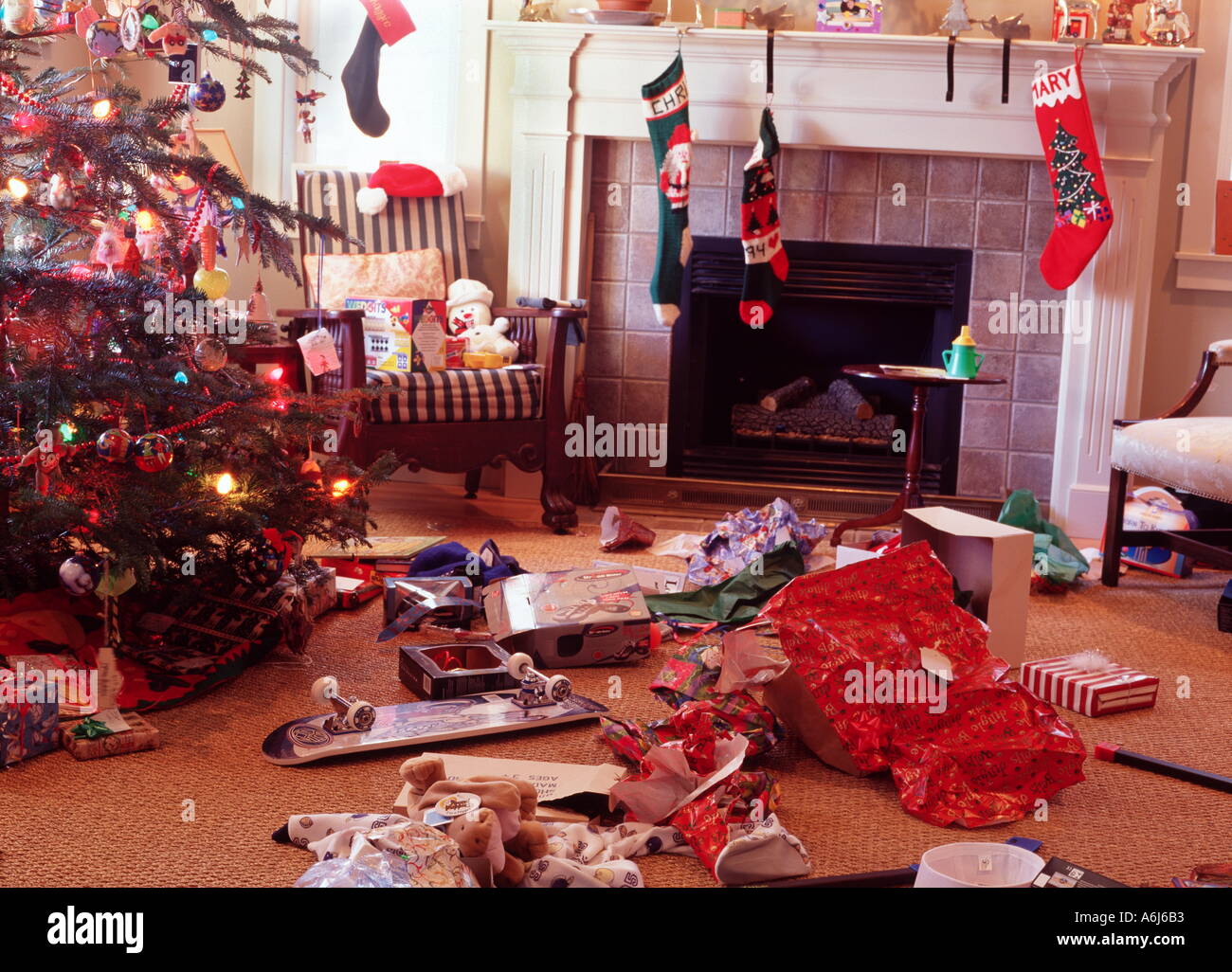 Unwrapped Christmas Presents Stock Photo