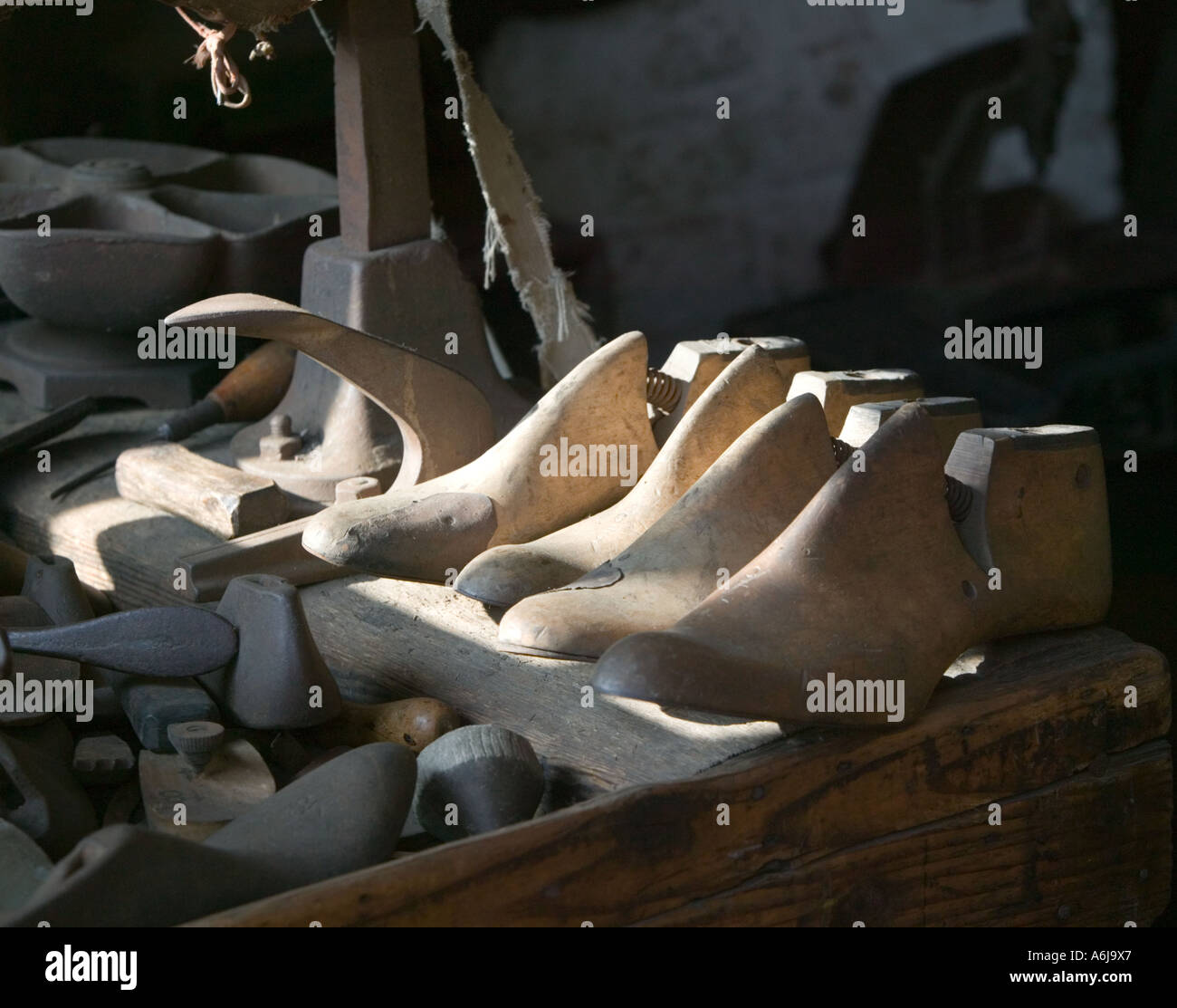 Shoe Makers Wooden Lasts in a shoemakers shop awaiting the clients ...