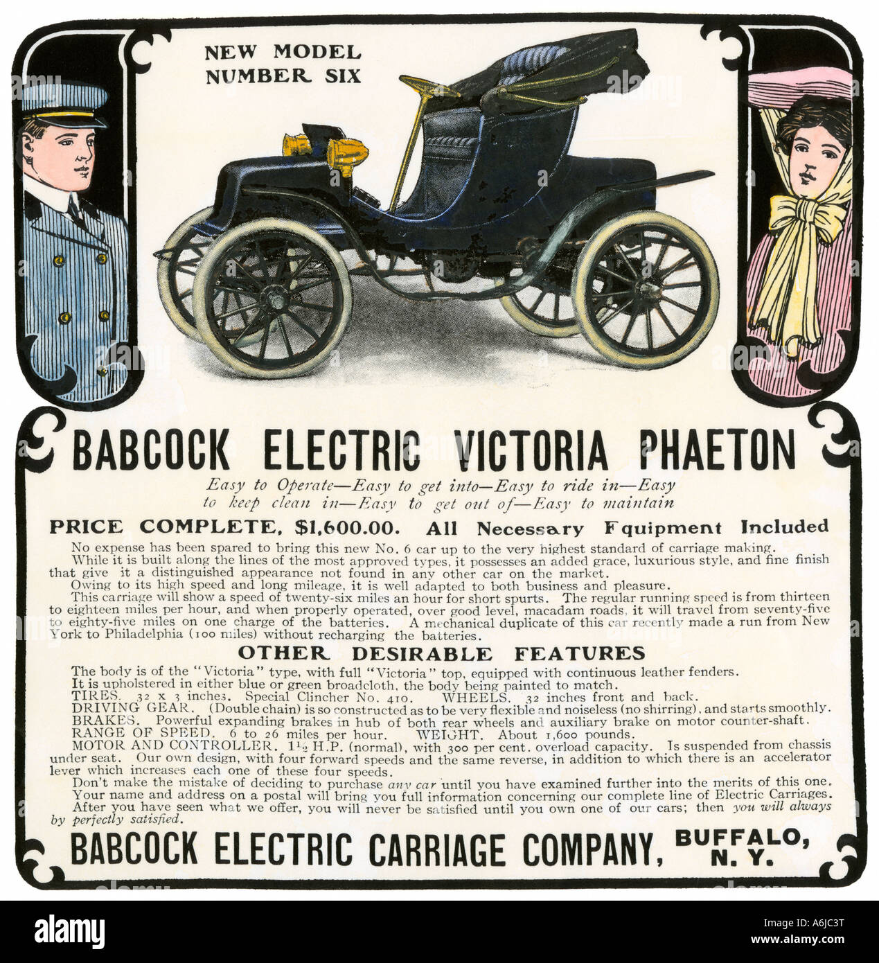 Early electric car ad for the Babcock Electric Victoria Phaeton 1907. Hand-colored woodcut Stock Photo