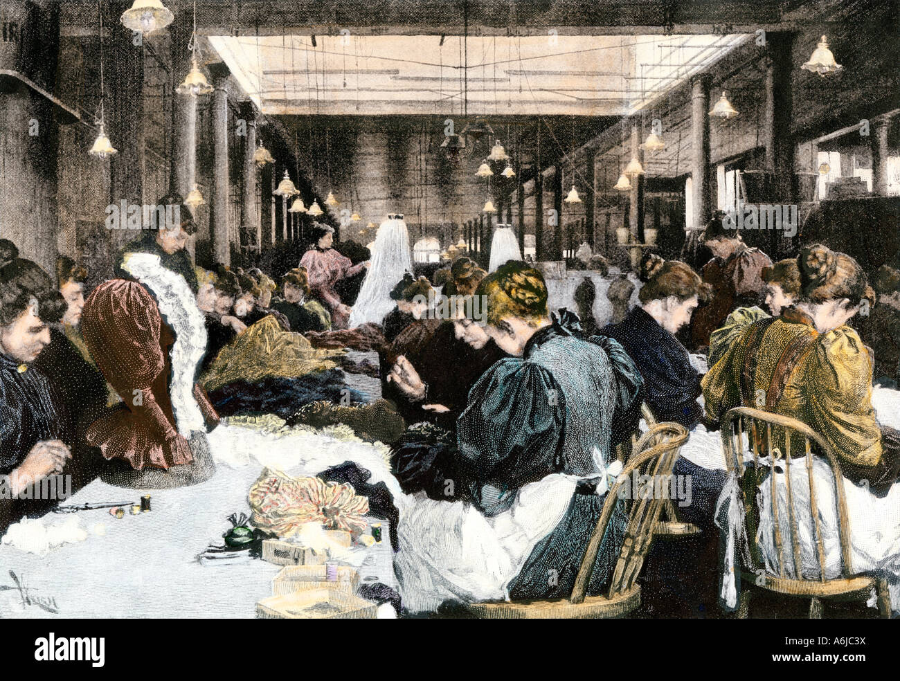 Women garment workers in the dressmaking department of a factory about 1890. Hand-colored halftone of an illustration Stock Photo
