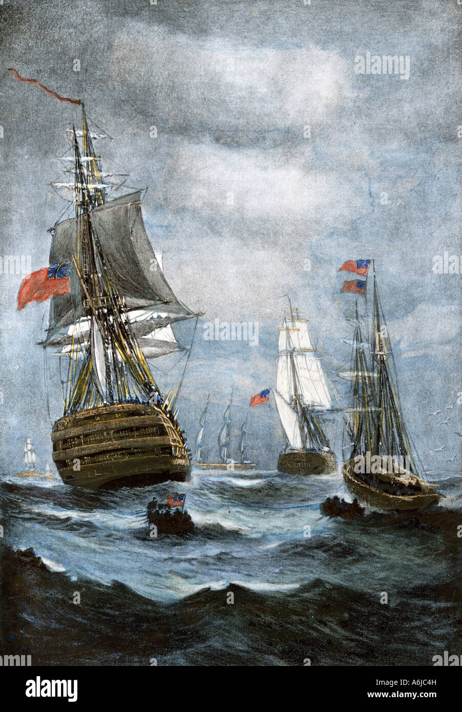 British ships blockading Chesapeake Bay at the outset of the War of 1812. Hand-colored halftone of an illustration Stock Photo
