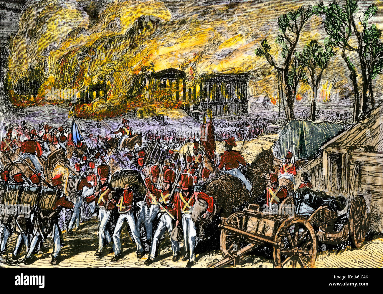 Capture and burning of Washington DC by the British in 1814 during the War of 1812. Hand-colored woodcut