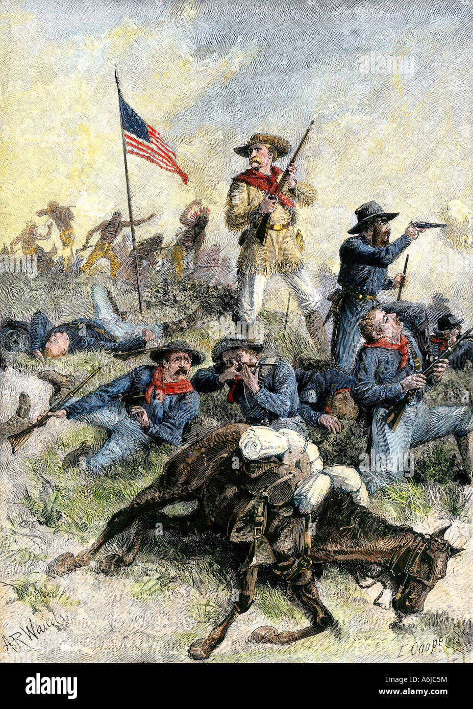 Custers last stand at the Little Big Horn River Montana 1876. Hand-colored woodcut Stock Photo