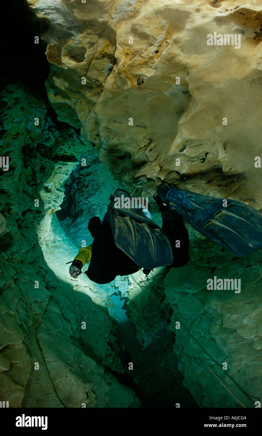 cave diver in thermal spring, Molnar Janos cave Budapest Stock Photo