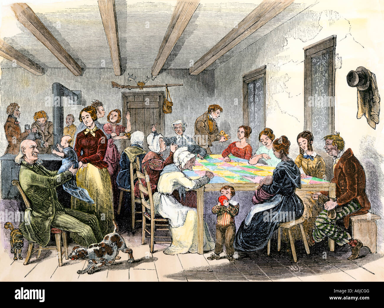 Quilting bee or party in western Virginia now West Virginia 1850s. Hand