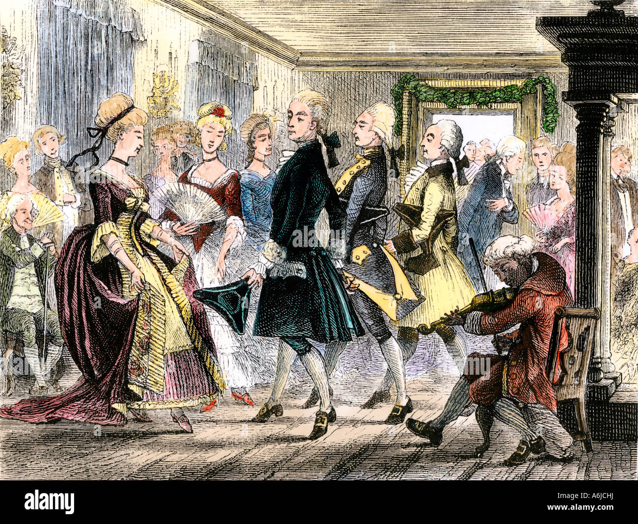 Colonial couples at a ballroom dance 1700s. Hand-colored woodcut Stock Photo