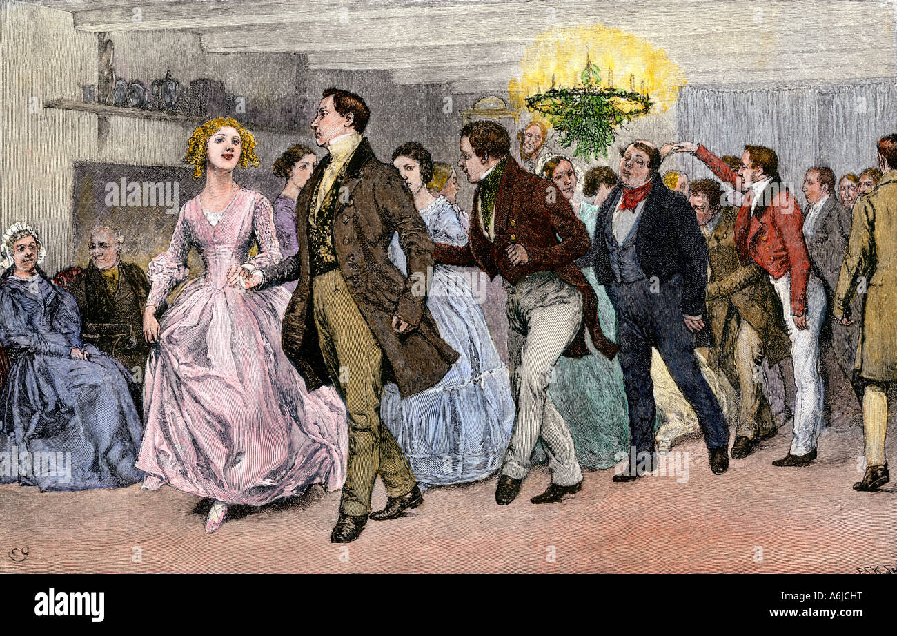 Holiday celebration with dancing. Hand-colored woodcut Stock Photo
