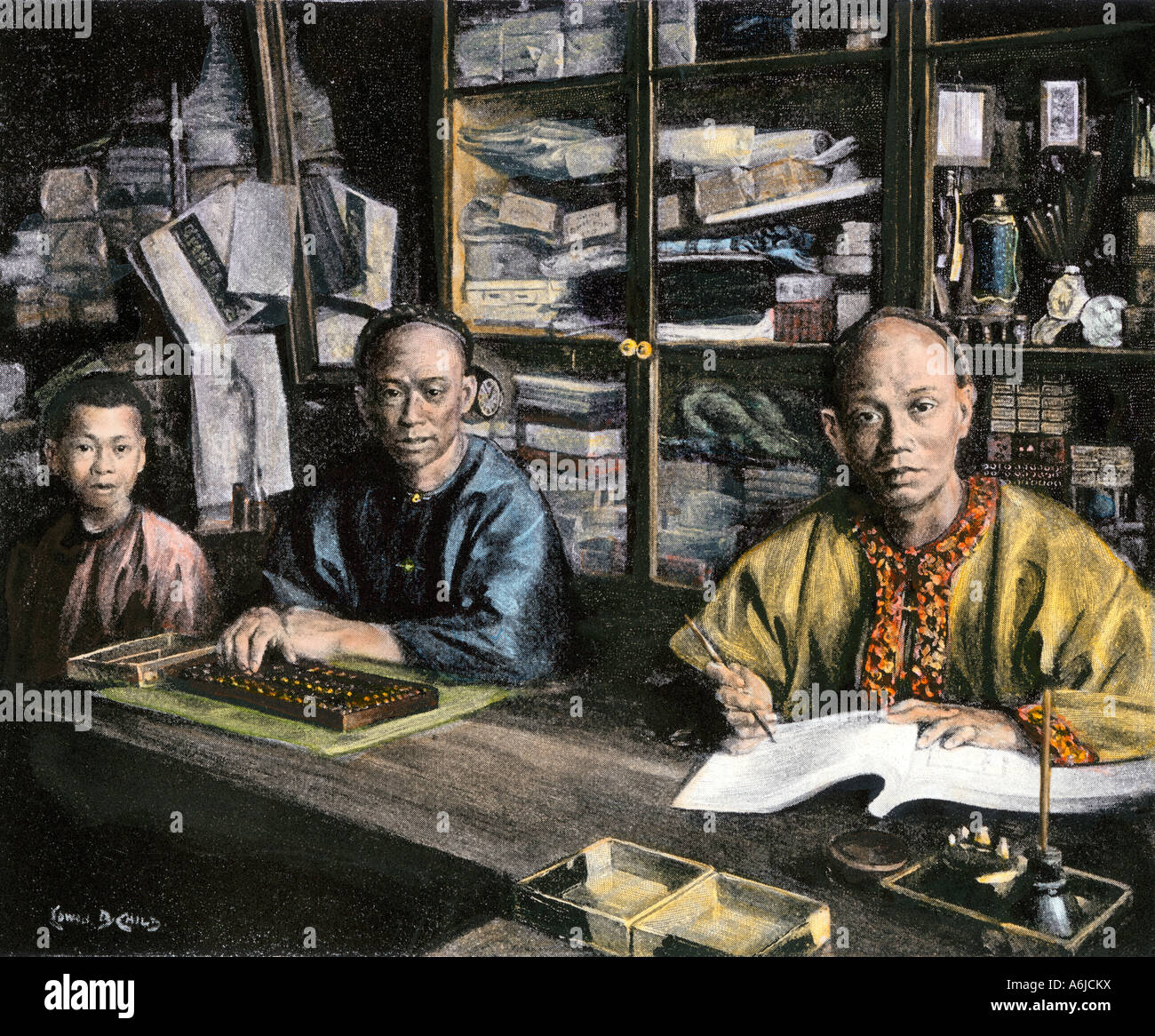 Chinese merchant and accountants in California circa 1890. Hand-colored halftone of an illustration Stock Photo