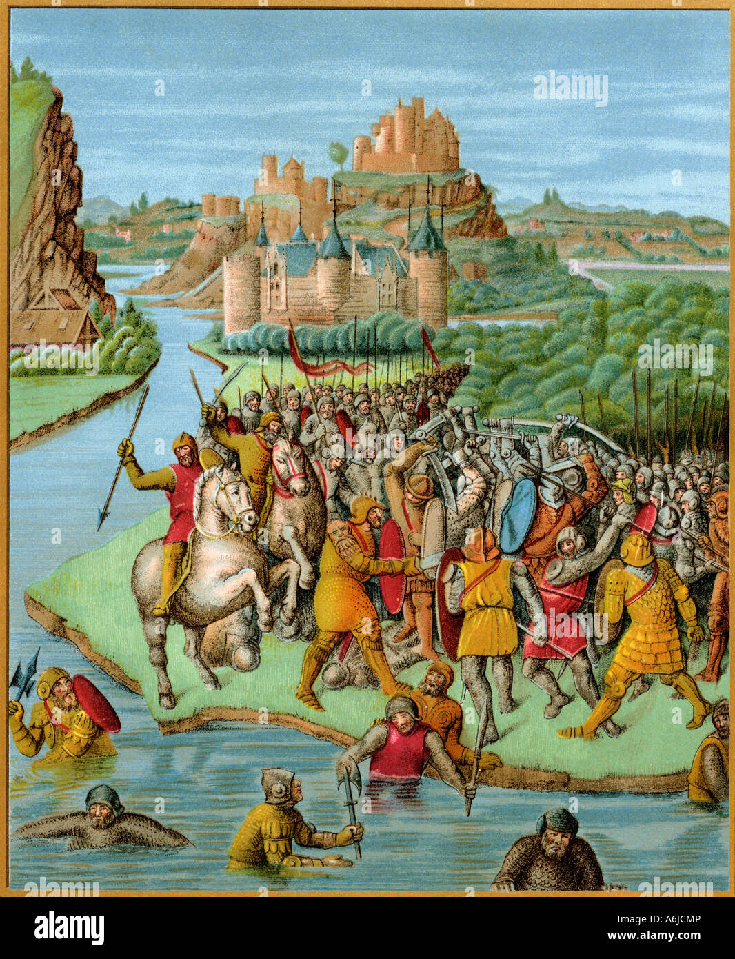 Jonathan battling Baccide, from a French translation of Josephus History of the Jews 1400s. Color lithograph Stock Photo