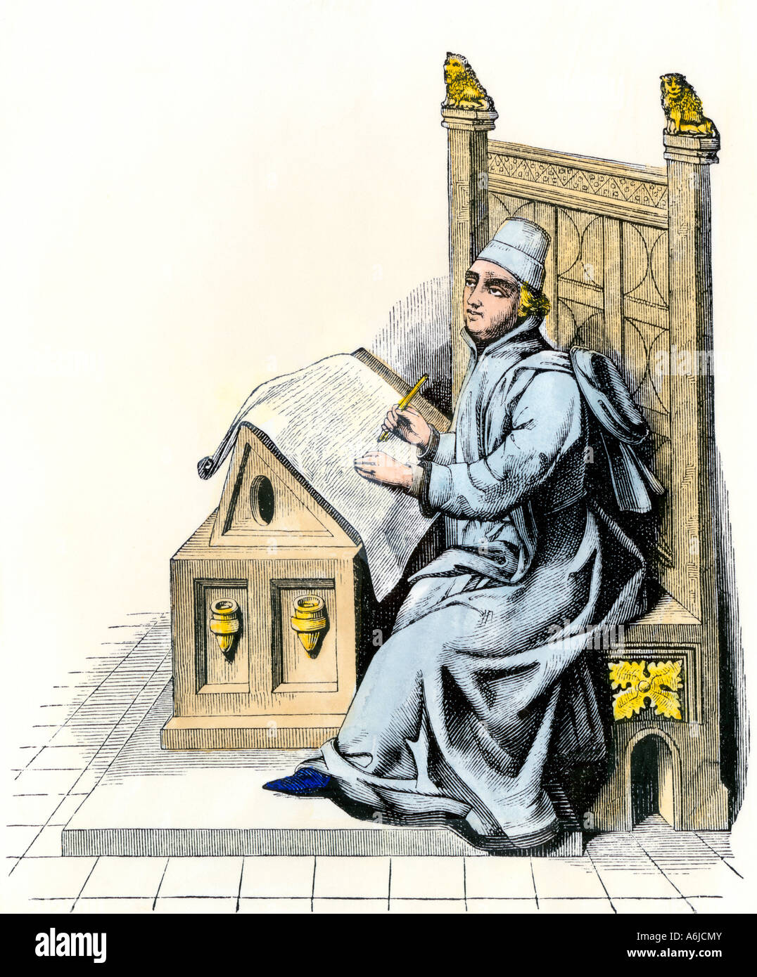 Medieval copyist writing a manuscript on a sheet of vellum 1400s. Hand-colored woodcut Stock Photo