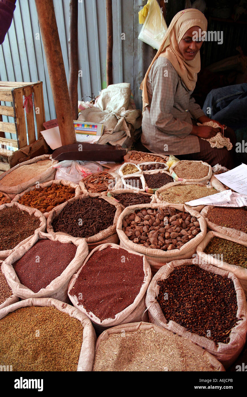 Gonder, Ethiopia, Young woman sells seasoning in the main market Stock Photo
