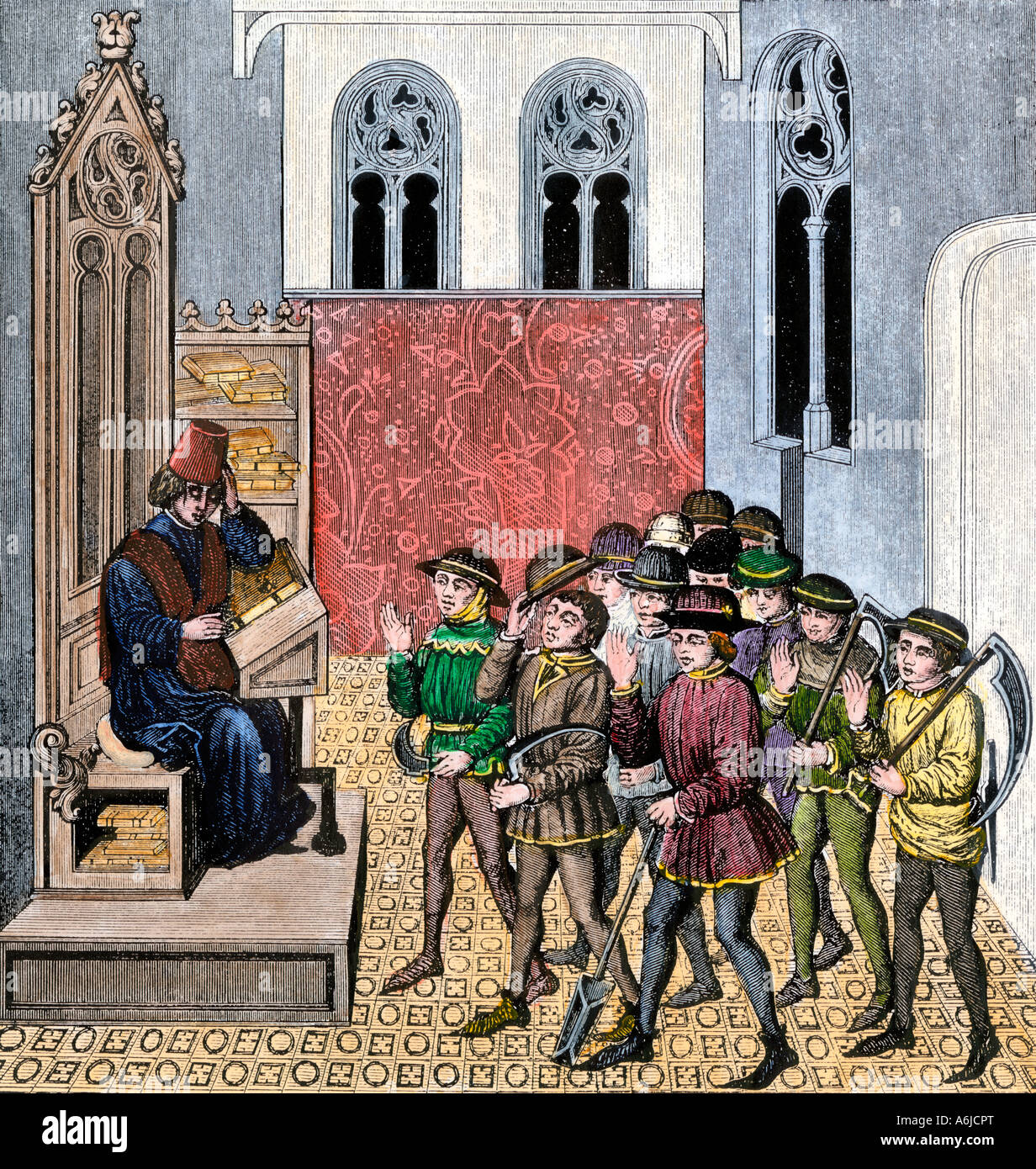 Peasants receiving orders from their lord before going to work 1400s. Hand-colored woodcut Stock Photo