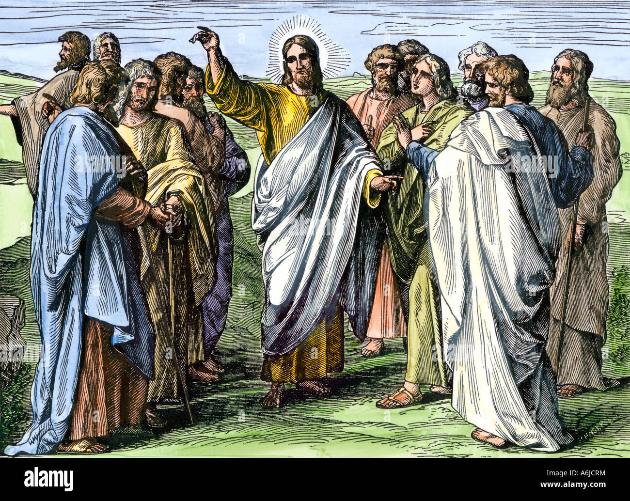 Jesus addressing the Apostles after Resurrection. Hand-colored woodcut Stock Photo