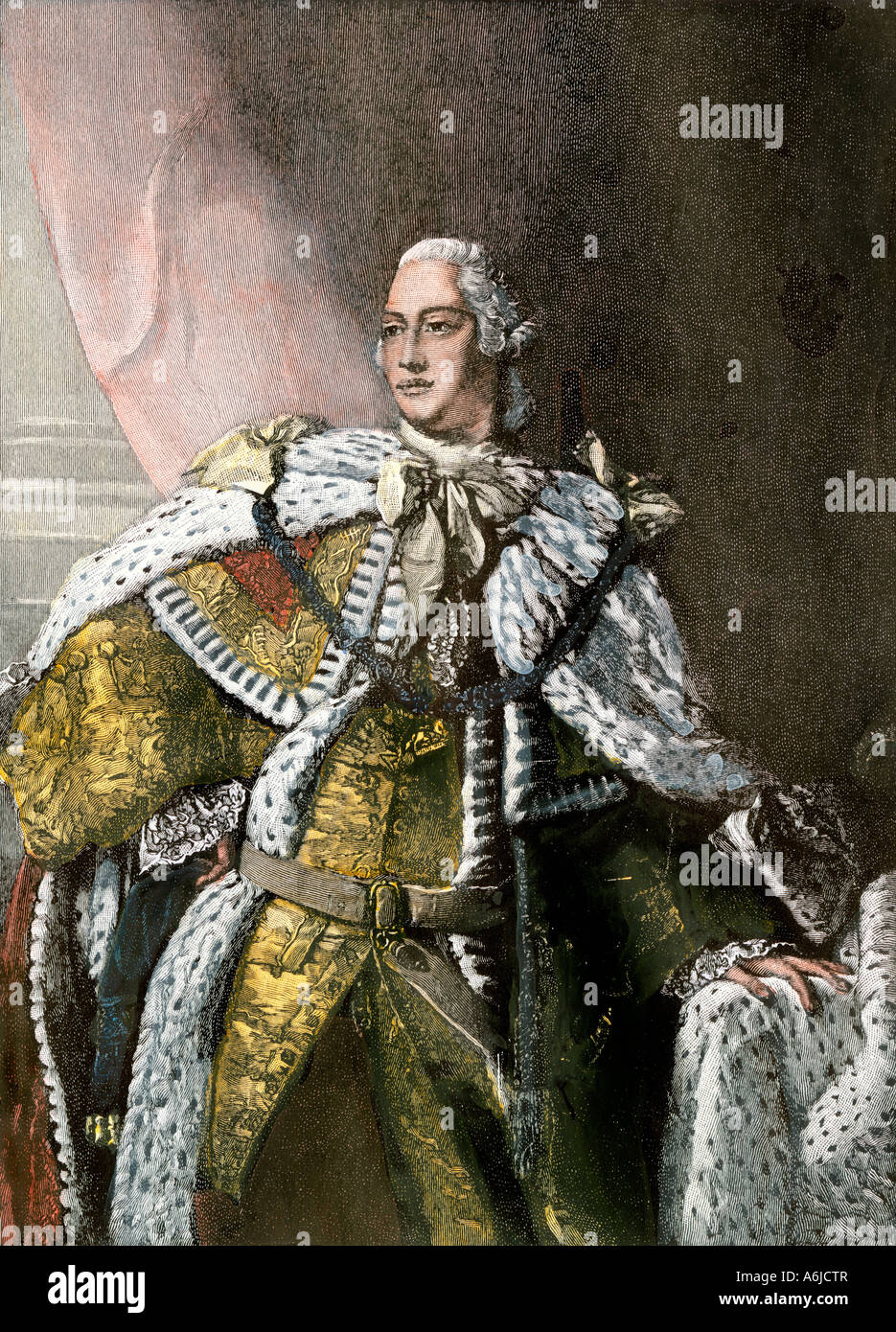 King George III in gold brocade trimmed with ermine fur 1767. Hand-colored woodcut Stock Photo