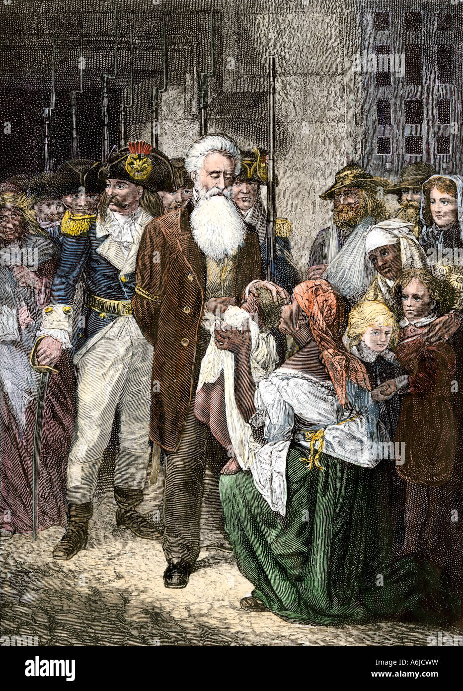 John Brown stopping to see a black child on his way to execution for his raid on Harpers Ferry West Virginia, 1859. Hand-colored woodcut Stock Photo