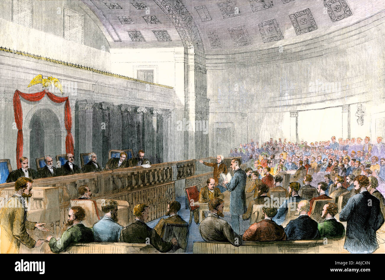 US Supreme Court under Chief Justice Salmon P. Chase hearing the Mississippi injunction case 1867. Hand-colored woodcut Stock Photo