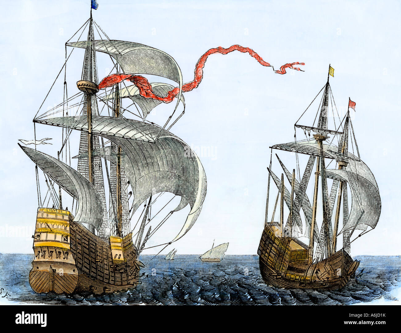 Dutch merchant galleons at sea in the 1600s. Hand-colored woodcut Stock Photo