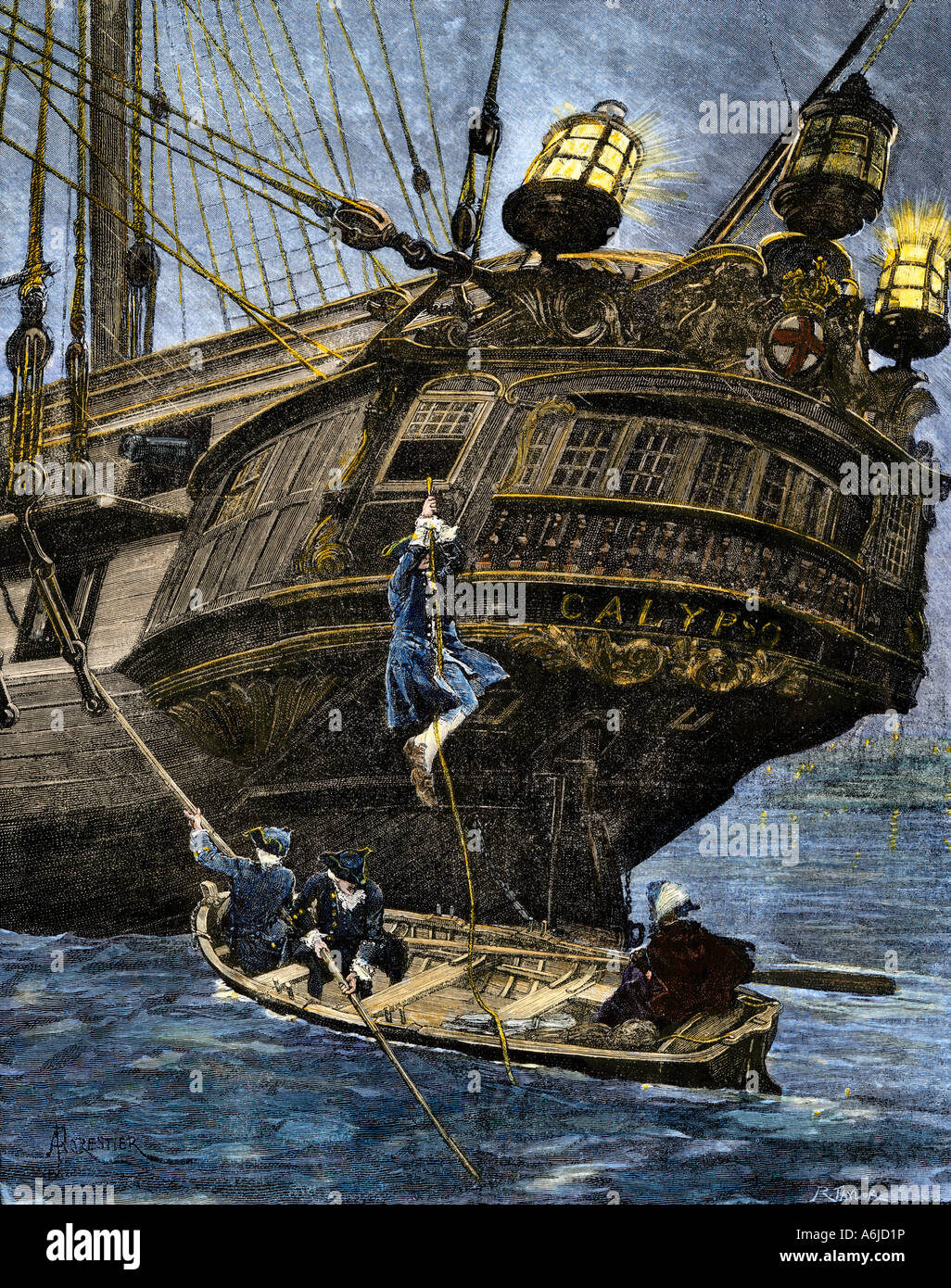 Men descending from the stern of a sailing ship 1700s. Hand-colored woodcut Stock Photo
