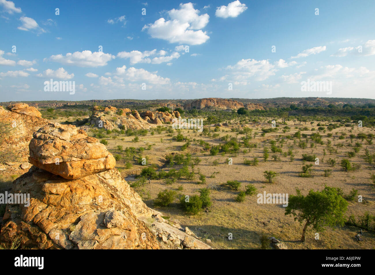 View from de Beers Koppie towards Limpopo River. Tuli Lodge, Northern Thuli Game Reserve Botswana Stock Photo