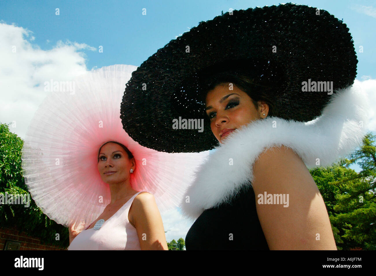 Women in fancy hats at horse races, Royal Ascot, Great Britain Stock