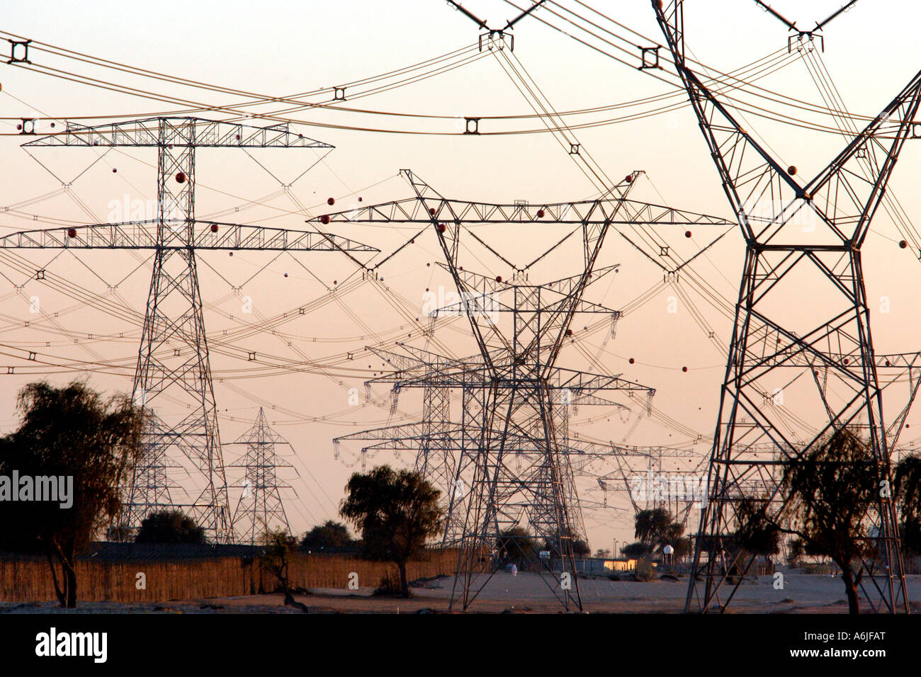 High voltage transmission lines in Dubai, United Arab Emirates Stock
