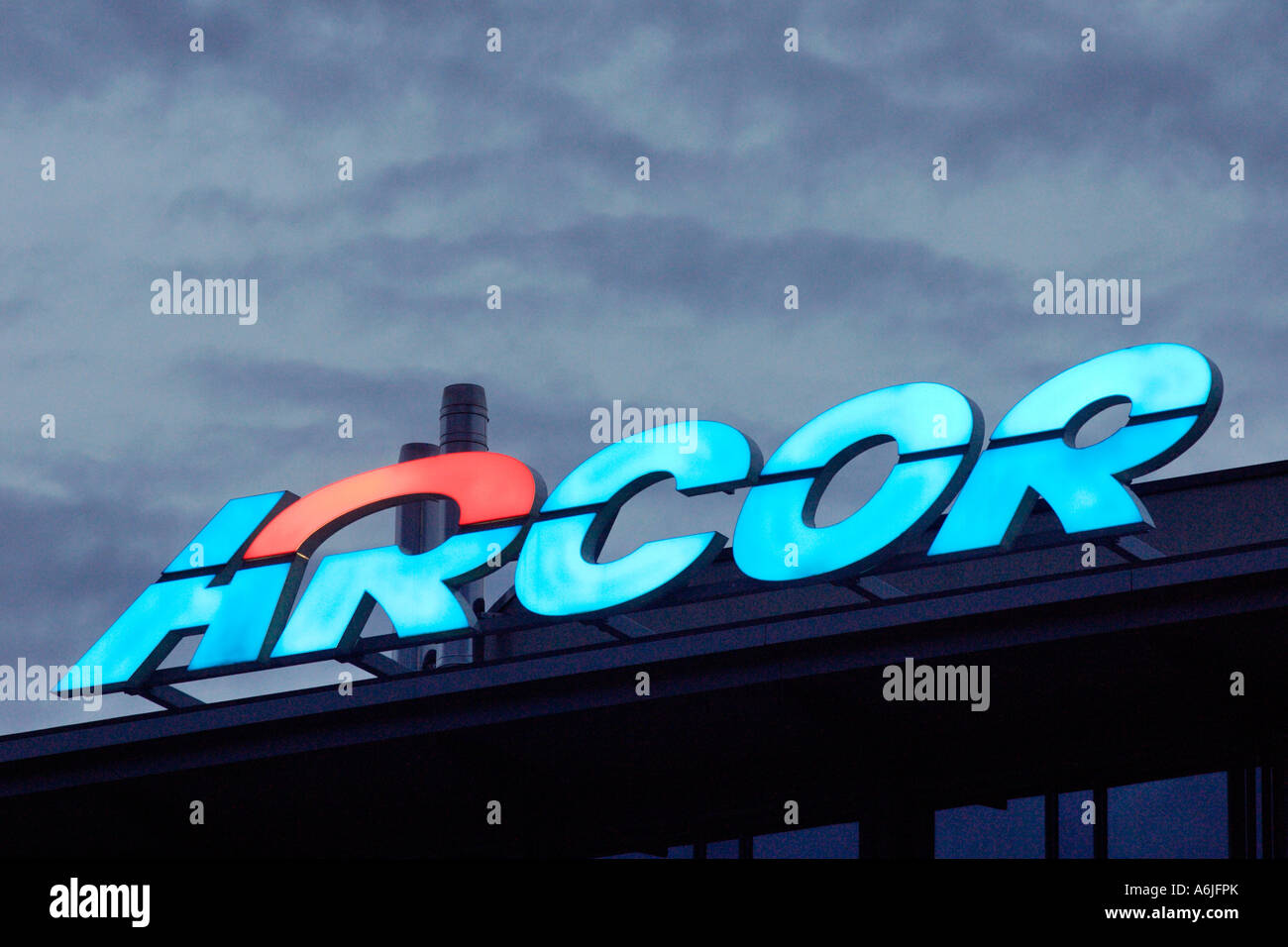 Illuminated logo of the telecommunications operator Arcor Mannesmann Telecommunications Stock Photo