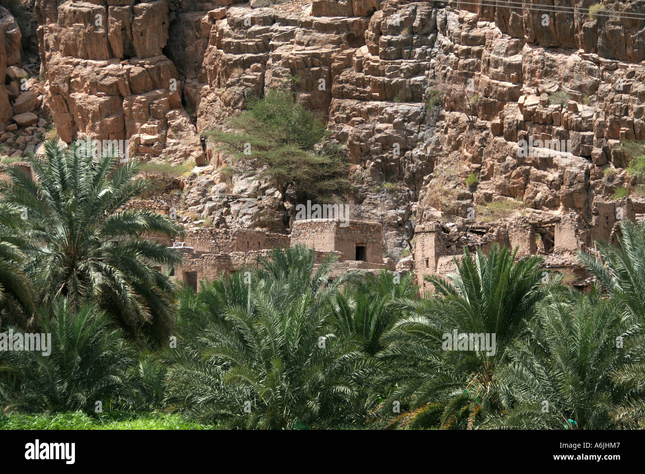 Abandoned old town up a wadi below Jebel Akhdar, Oman Stock Photo