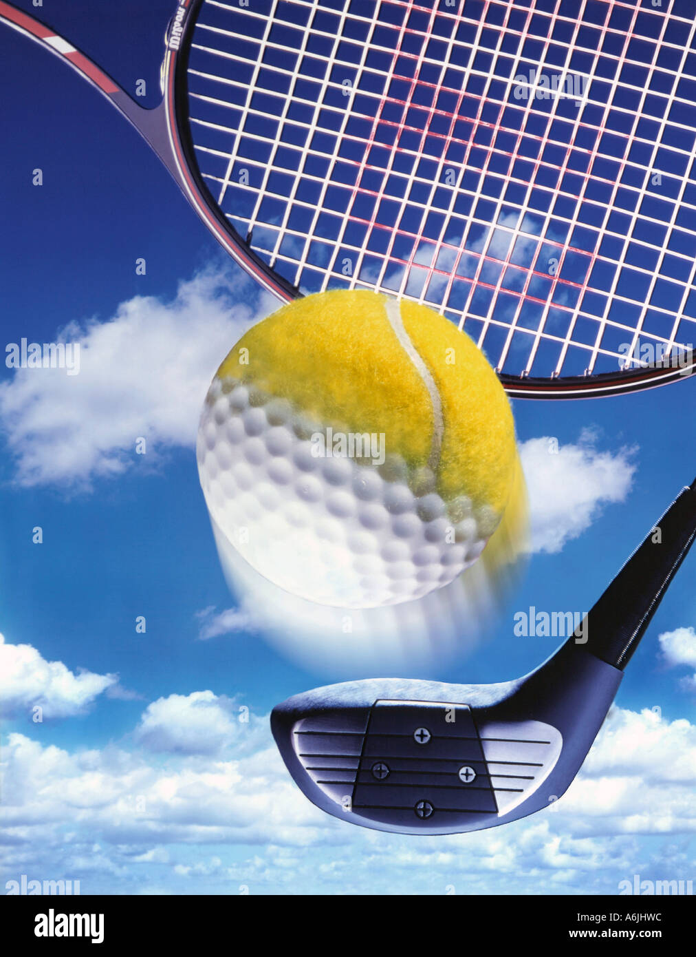 Conceptual graphic of tennis racket and golf club with split balls