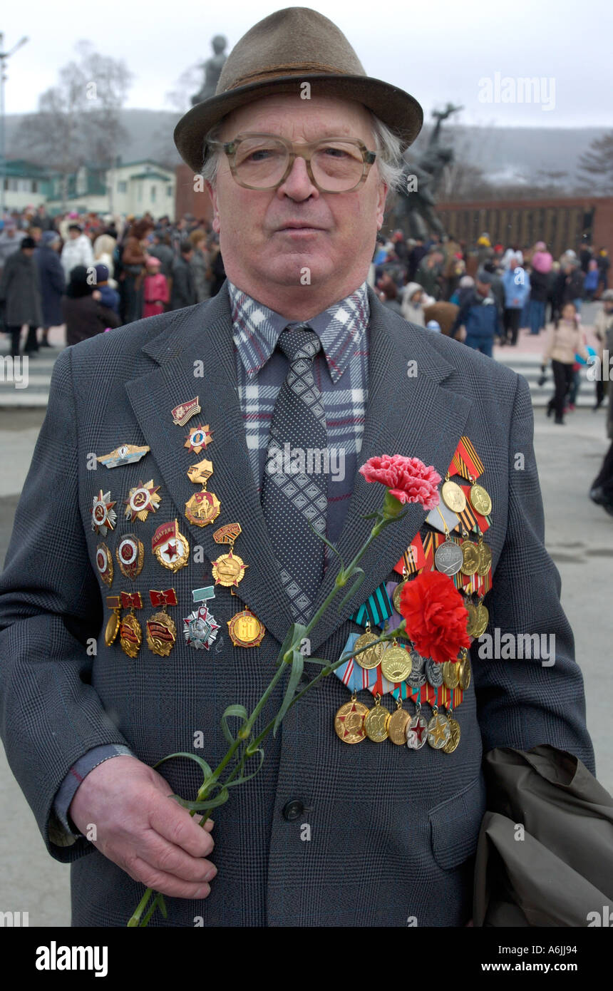 Russian war veteran during 60th Anniversary celebrations in Yuzhno Sakhalinsk Russia 2005 Stock Photo