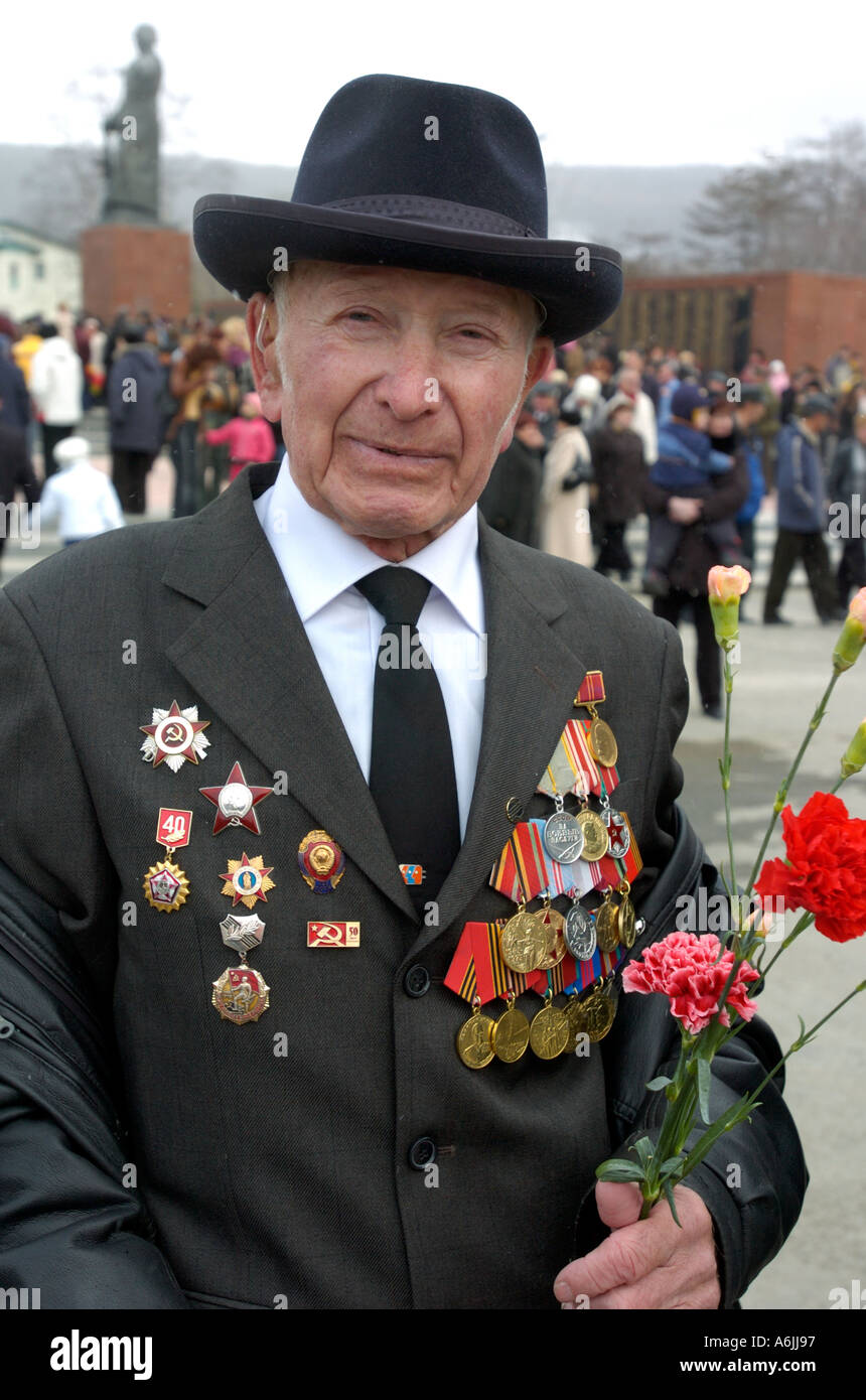 Russian war veteran during 60th Anniversary celebrations in Yuzhno Sakhalinsk Russia 2005 Stock Photo