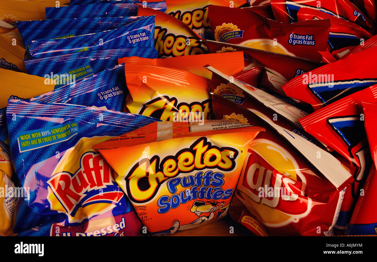 Assorted potato chip bags Stock Photo Alamy