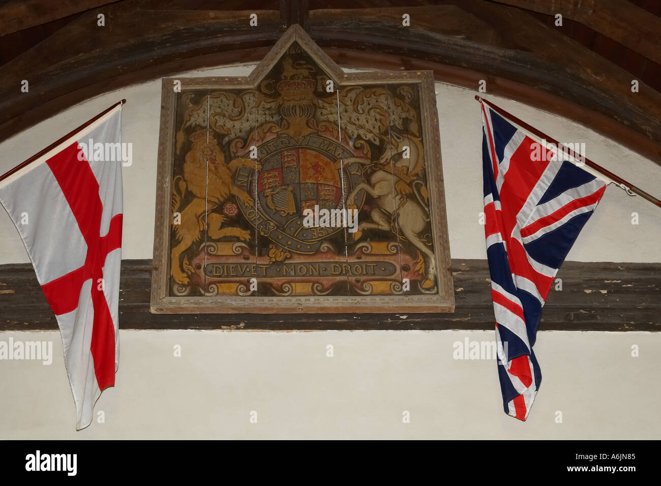 St George and Union Flags in Church of All Hallows at Tillington West Sussex. Church was built in 1807 Stock Photo