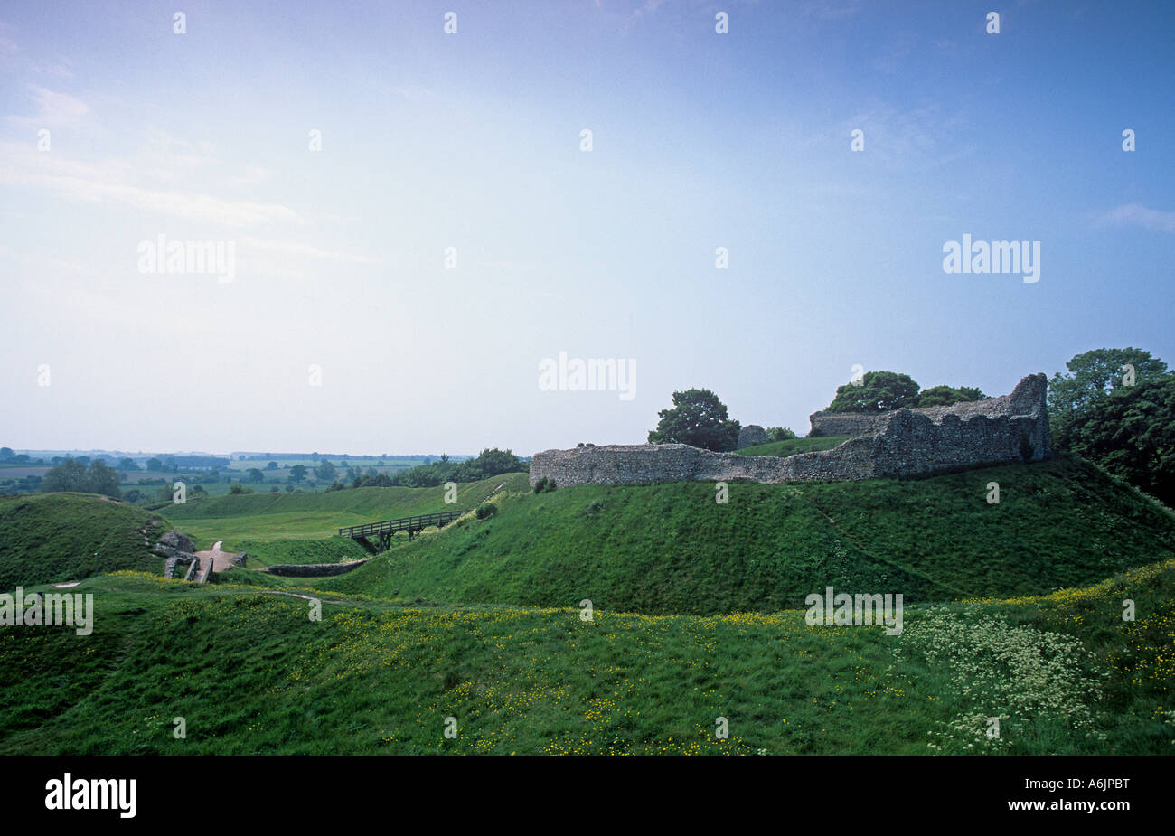 Castle Acre Motte and Bailey earthworks with remains of stone keep built by William de Warenne after 1066 Northwest Norfolk Stock Photo