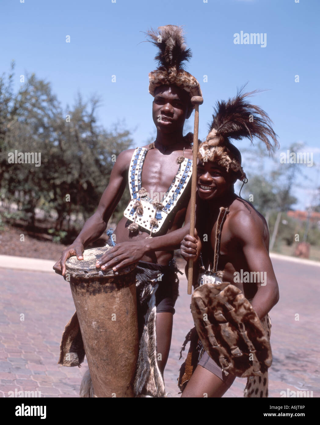 Tribal men in native dress, Victoria Falls (Mosi-oa-Tunya), Livingstone, Southern Province, Stock Photo