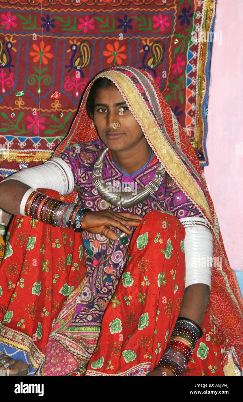 brilliant colors,embroidery and exotic jewellery  are  traditionally worn by Banni tribal women and girls in Gujarat,India Stock Photo