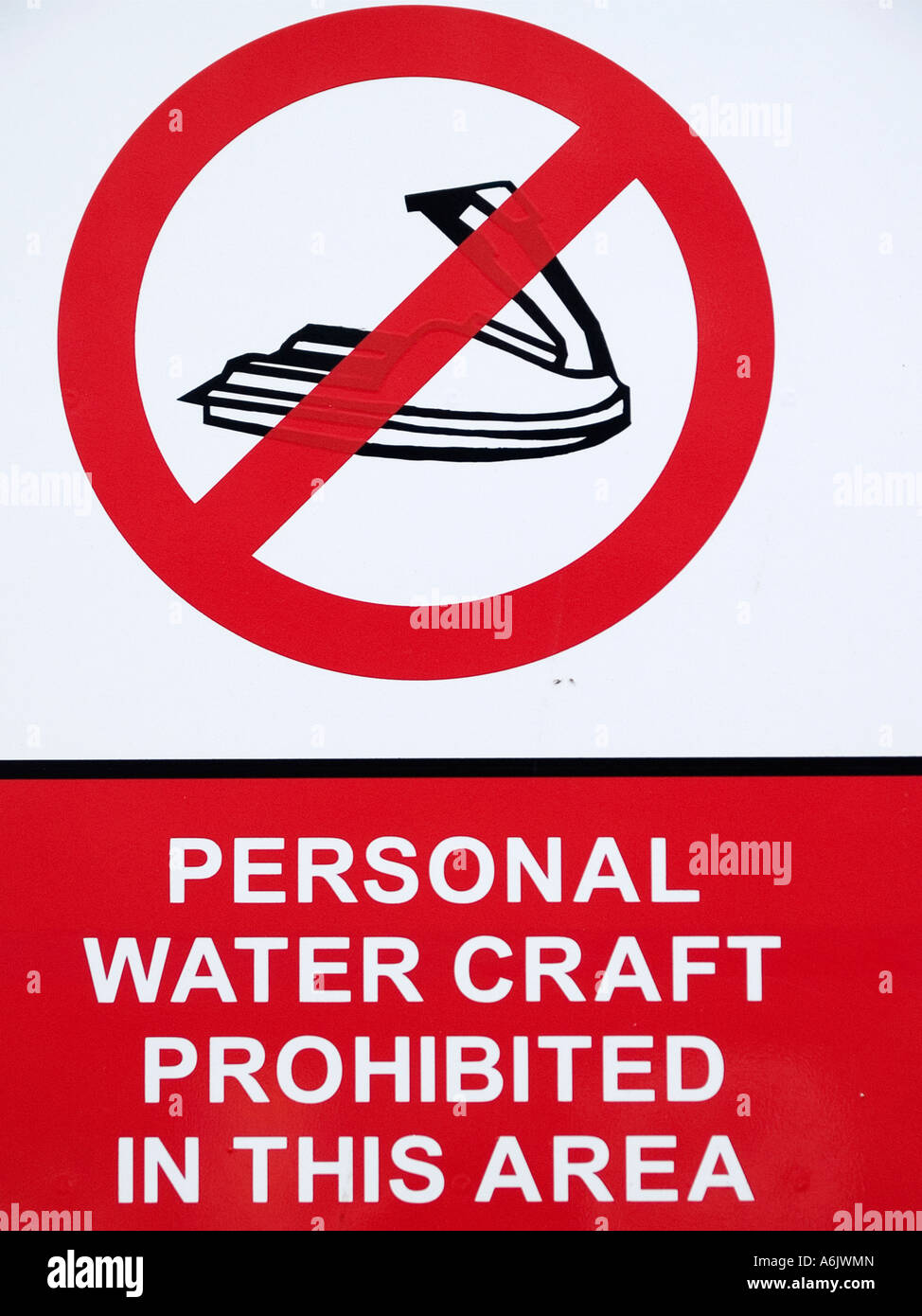 Personal watercraft prohibited in this area sign Stock Photo