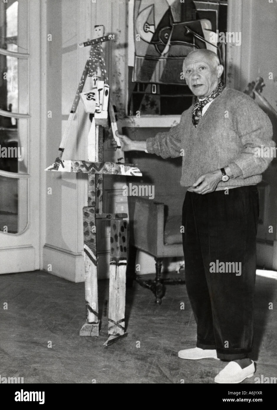 PABLO PICASSO Spanish artist with a sculpture called The Governess about 1956 Stock Photo