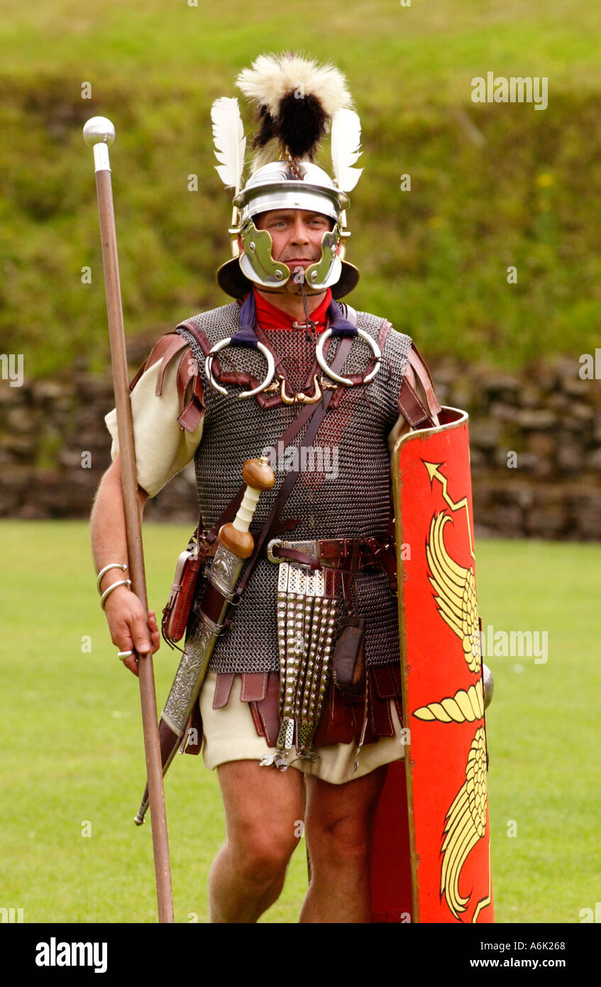 Ermine Street Guard give display of fighting skill in Roman Amphitheatre at Caerleon typical Roman officer  Gwent Wales UK GB Stock Photo