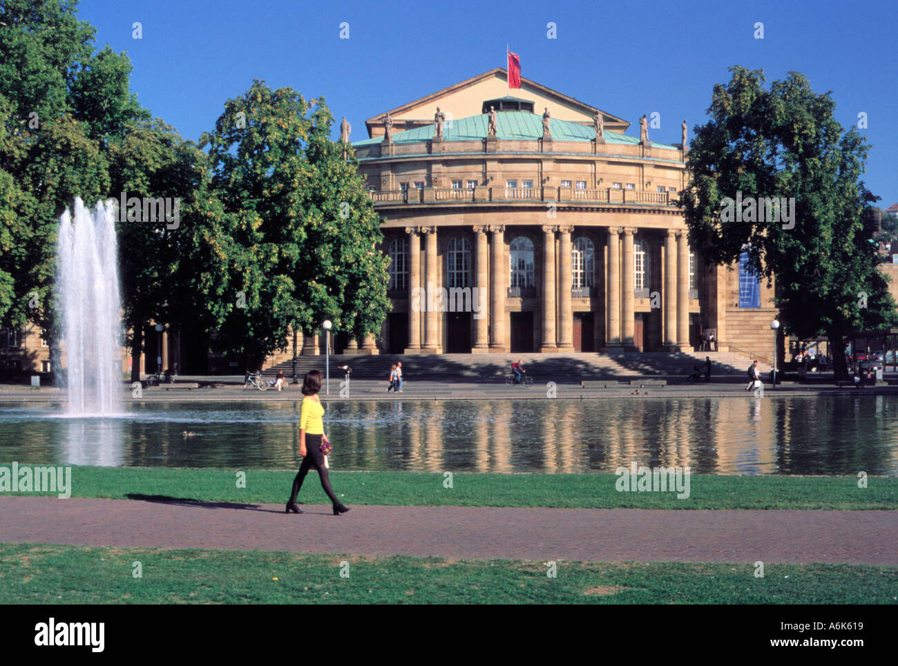 View over the lake Eckensee on the Theatre of the State Württemberg in Palace Garden Stuttgart Germany  Stock Photo