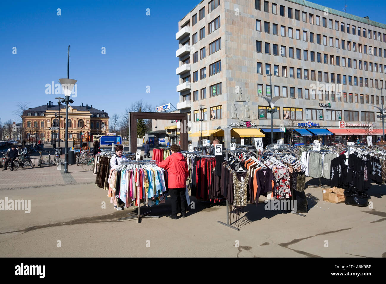 clothes selling in market square, Joensuu Finland Stock Photo