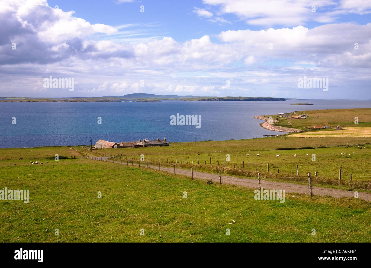 dh Cusbay EDAY ORKNEY Farmhouse cottage in bay overlooking Sound of Faray Holm of Faray Westray Stock Photo