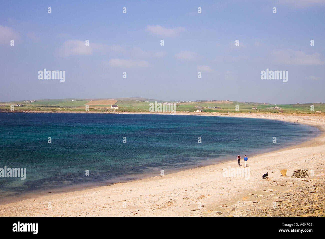 dh Bay of Skaill SANDWICK ORKNEY Scotland walking with dog sunny day blue skies sandy beach couple uk along walk remote Stock Photo