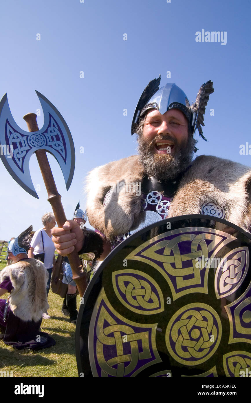 dh County Show KIRKWALL ORKNEY Shetland Jarl squad Viking dress shield helmet axe show ground man bearded close up Stock Photo