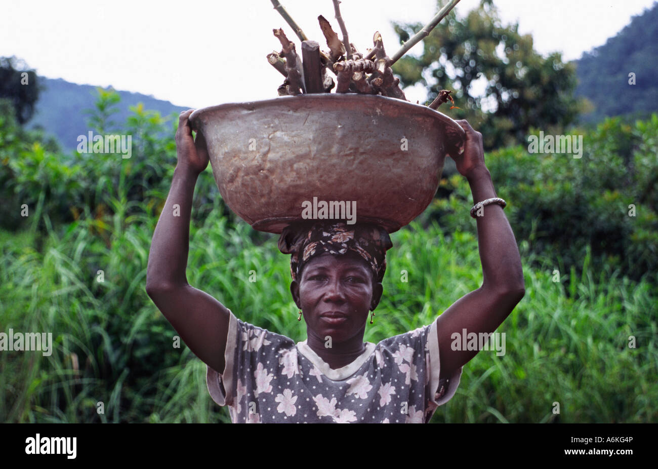 Woman in Volta Region, Ghana on her way to work picking maize on a smallholder farm Stock Photo