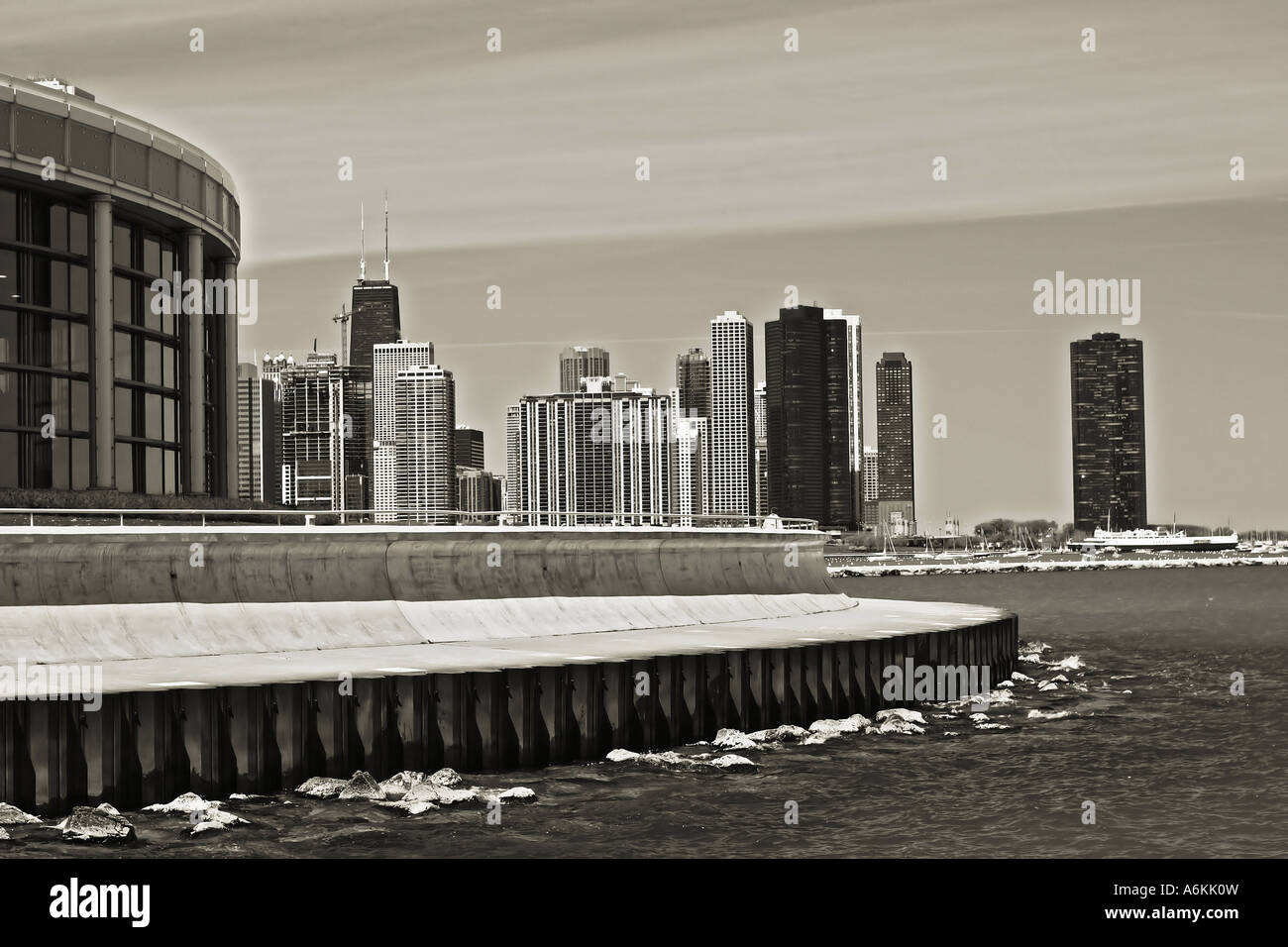 Chicago skyline as seen from the Museum Campus black and white Stock ...
