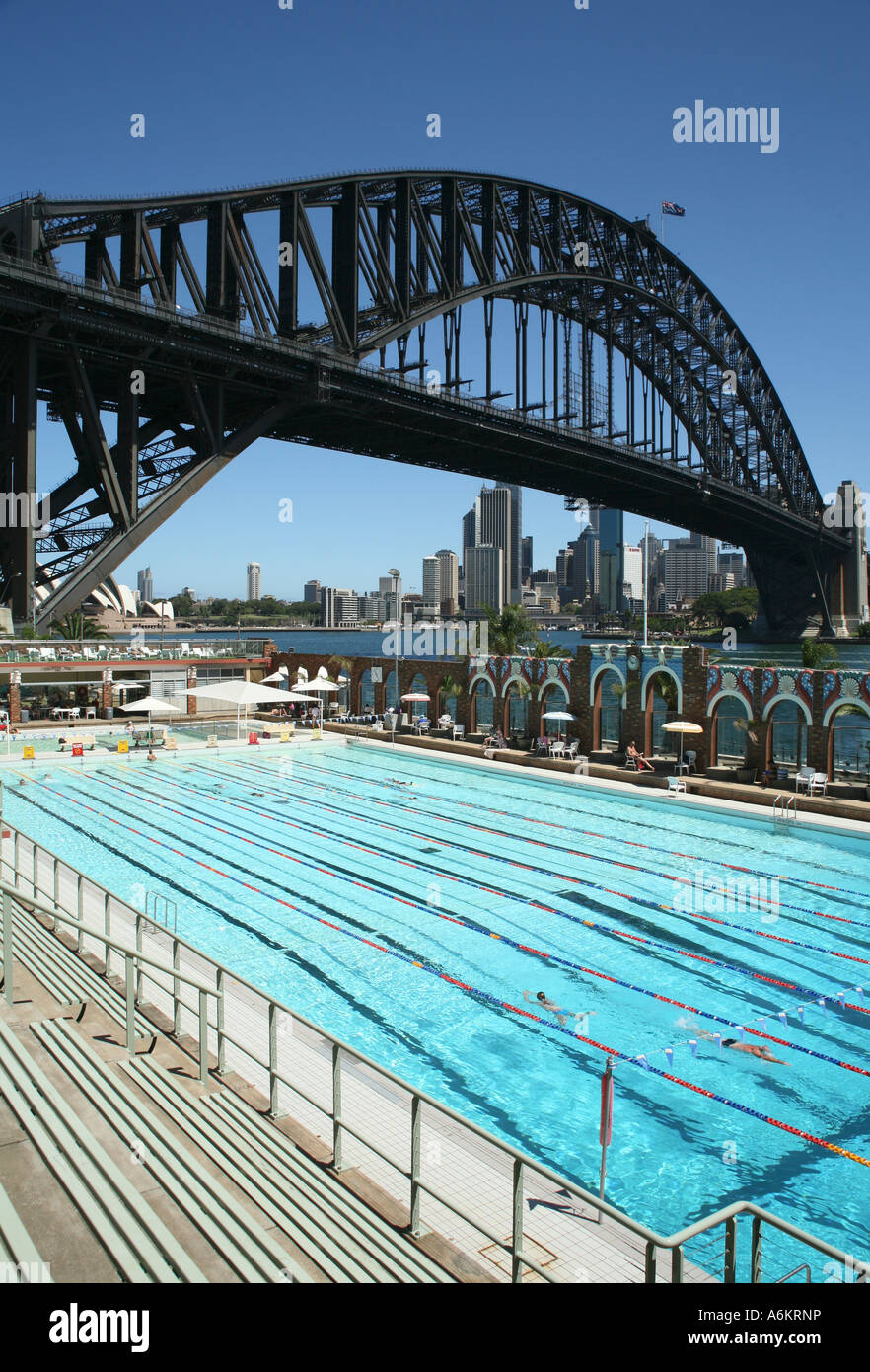 North Sydney Olympic Pool and Harbour Bridge, Sydney, Australia Stock Photo