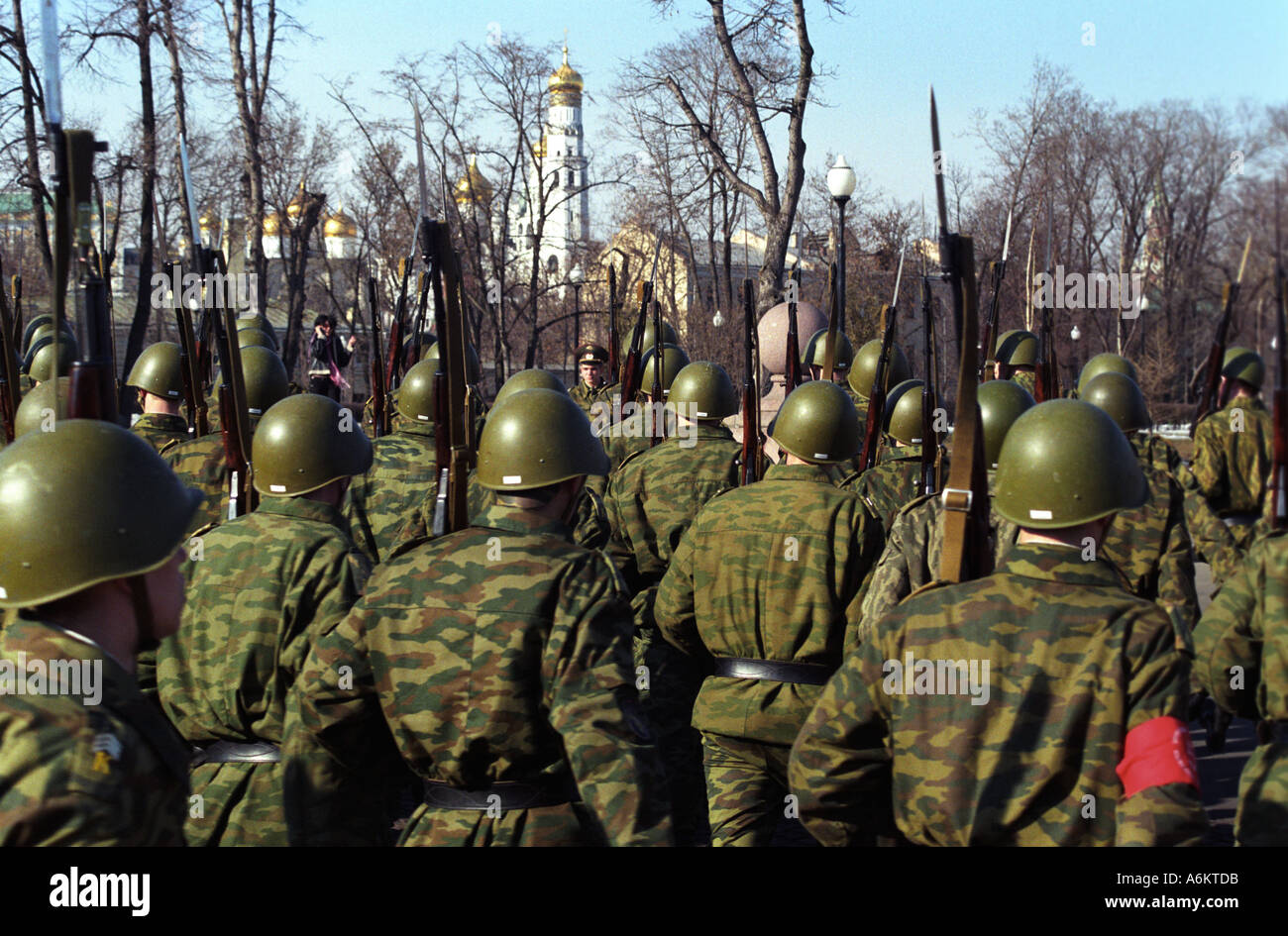 Russian infantry soldiers in Moscow rehearsing for the annual May Day Parade Stock Photo