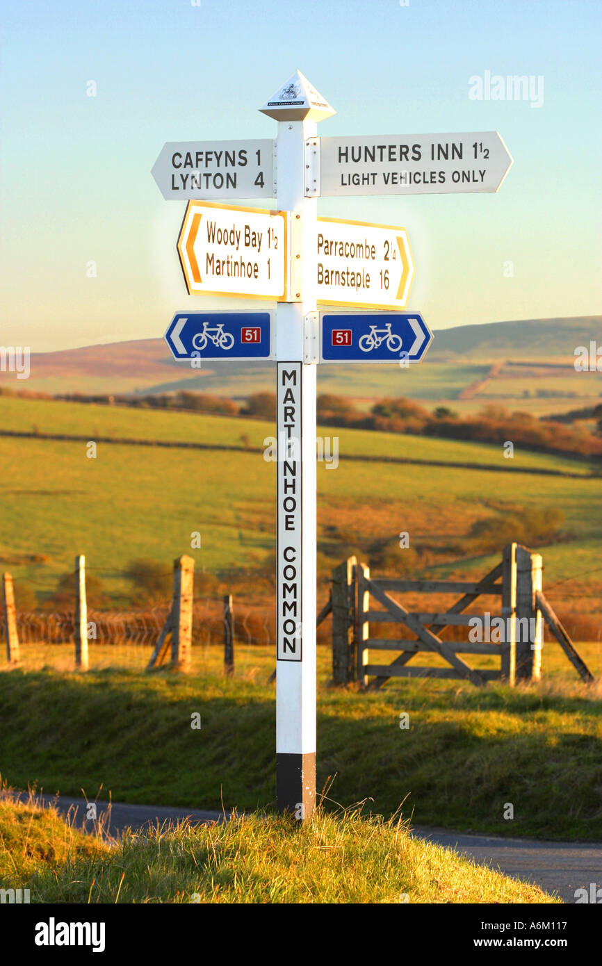 Road sign near Parracombe North Devon England in evening light Stock Photo