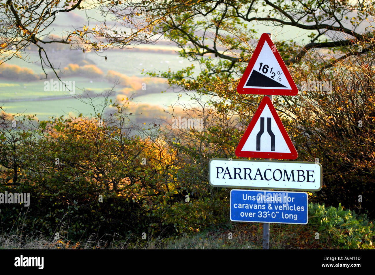 Parracombe village and warning sign North Devon England Stock Photo